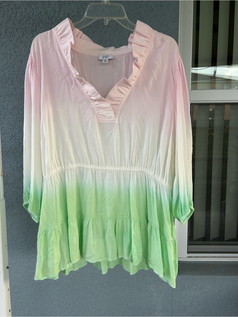 Crown & Ivy Pink Green Ombre Ruffle Peplum Tunic Top Women’s 2X 3/4 Sleeve